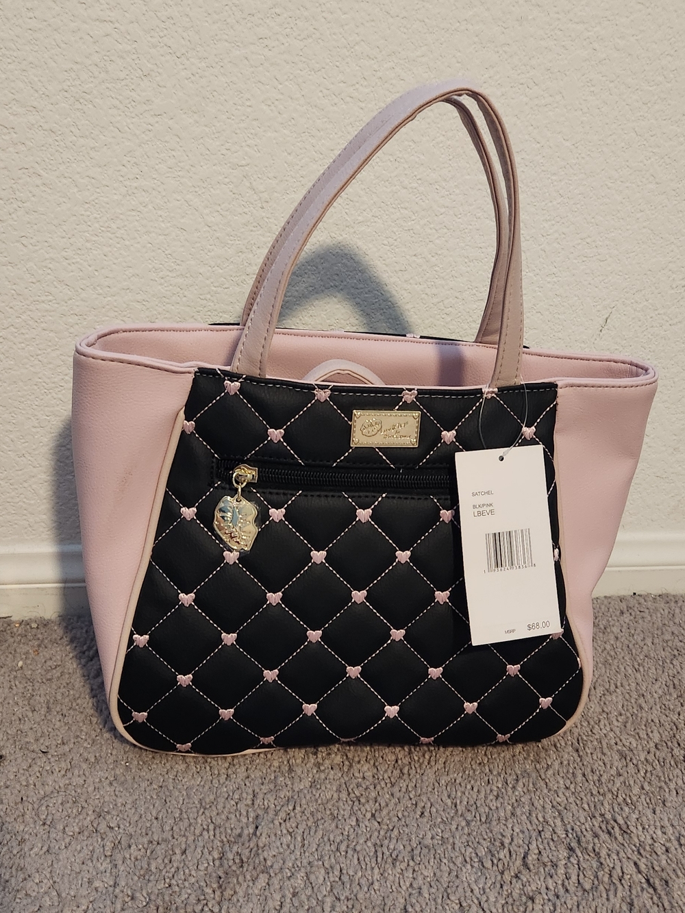 Quilted Black & Pink Betsy Johnson Stachel Bag with Heart Charm